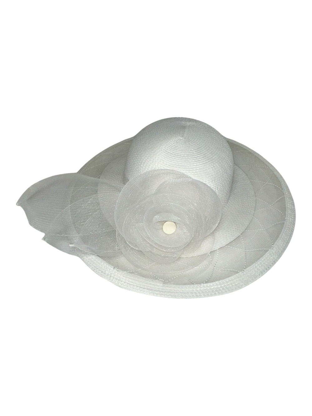 Lord & Taylor White Wide Brim Mesh Floral Accent Church Sun Hat